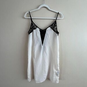 Maison du Soir Satin Slip Mini Dress XS White Black Lace Deep V Cami Y2K 90s